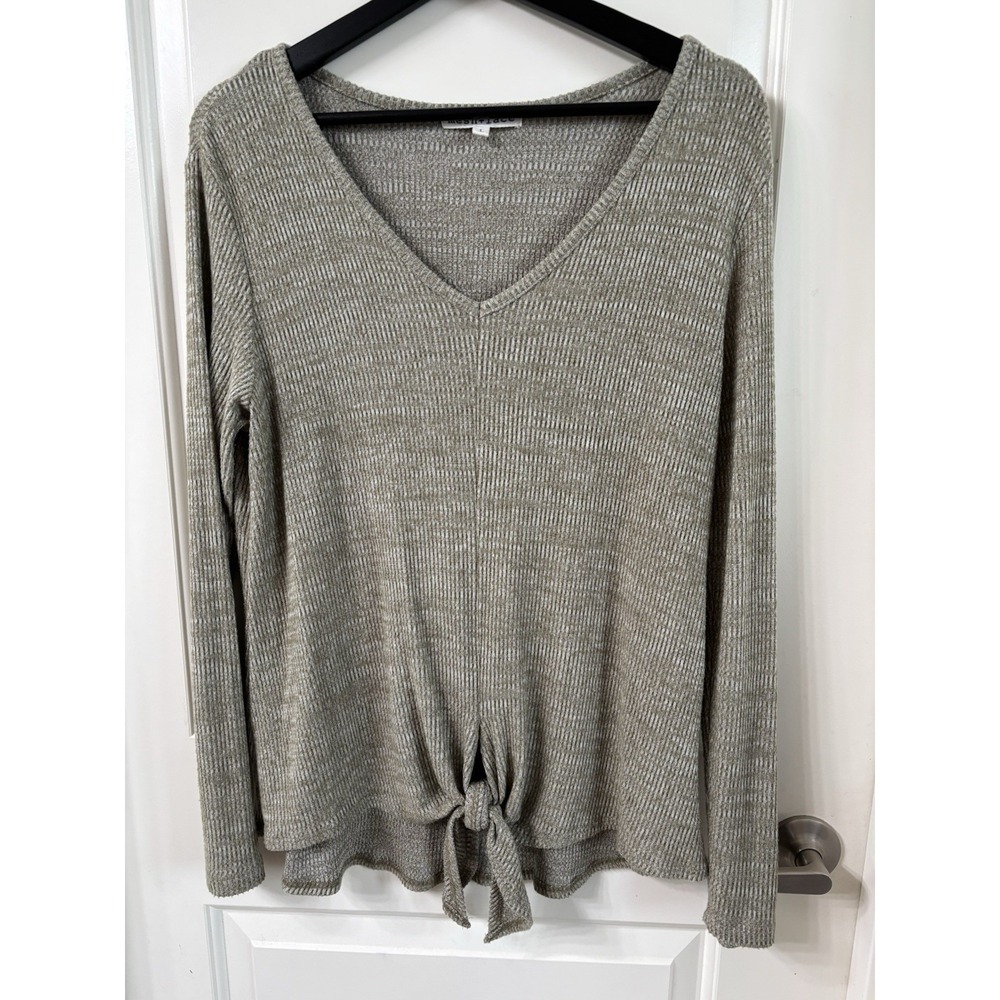 Mesh+Lace Large Long Sleeve Light Olive Green Tie Detail V-neck Sweater Cozy